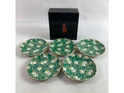有田焼 明国窯 緑彩山茶花 小皿 5枚